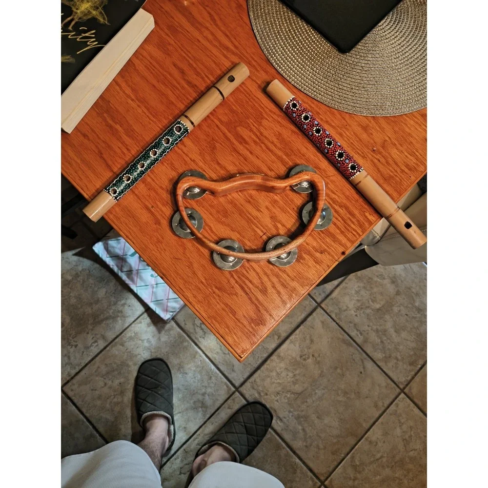 Handmade Teak Wood Tambourine And Two Wood Flutes Possibly Bamboo